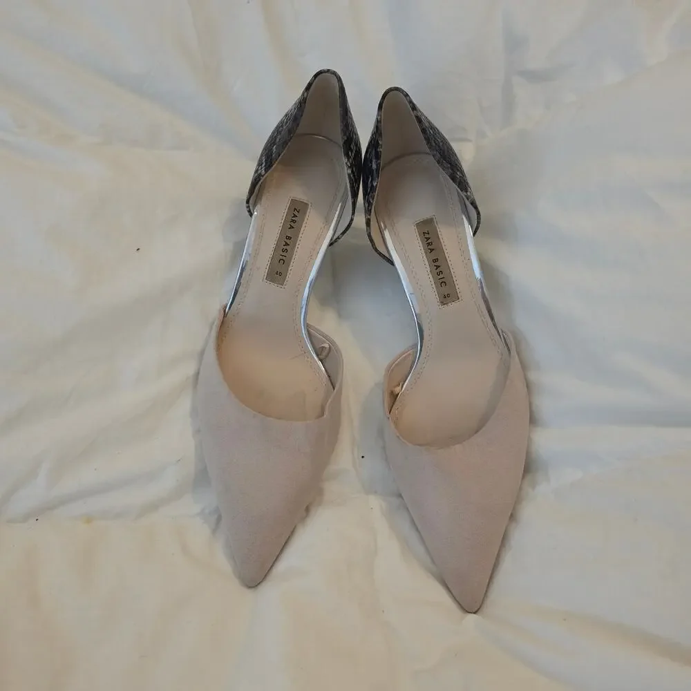 Zara Basic Heels Women’s 40 Snakeskin Pointed Toe D’Orsay Pumps Nude Black